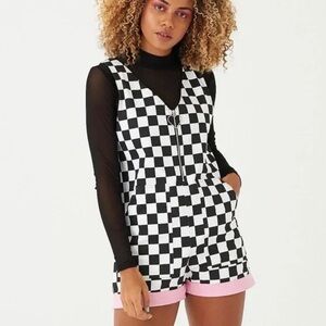 Lazy Oaf Black & White Checkered Overalls with Pink Trim and Heart Zipper